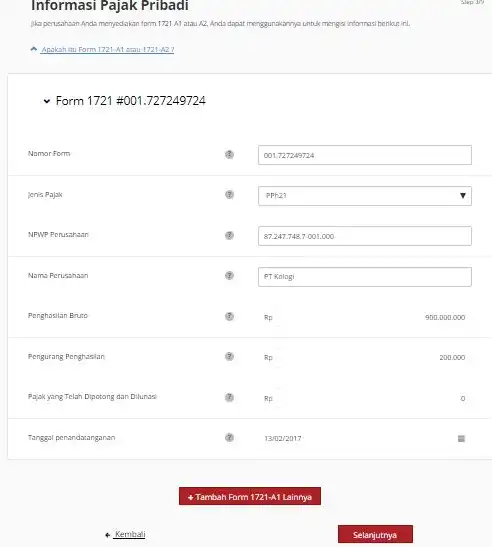 Mengisi informasi pajak pribadi